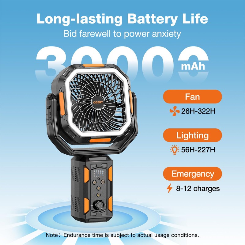 OGERY Portable Camping Fan with Adjustable Height Stand, 30000mAh Battery