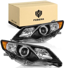 FEBERG [OE Style Anti-Yellowing Headlight for 2012 2013 2014 Camry with Black Housing Amber Reflector Left + Right Side