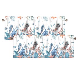 AYTTBIS Nautical Starfish Seashell Curtain Valance for Windows Ocean Seahorse Coral Fish Window Treatments 2 Pack Short Curtains for Kitchen Windows Bathroom Bedroom,42 x 12 Inch