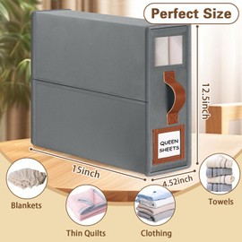 GhvyenntteS 8 Pack Bed Sheet Organizers and Storage (Queen & King Size), Foldable Sheet Organizers and Storage with Window and Label, Bed Sheet Organizer with Leather Handle, Grey
