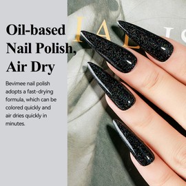 Bevimee Nail Polish Quick Dry, Black Glitter Nail Lacquer Air Fast Drying, Sparkle Mooncat Nail Pigment Oil-based High Coverage Holographic Fingernail Concealer Polish, 1PC 12ML Long Wear