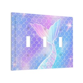 Mermaid Scales 3 Gang Triple Toggle Light Switch Cover Decorative Colorful Fish Tail Wall Plate Electrical Receptacle Faceplate for Cute Cartoon Girls Kids Bathroom Bedroom Nursery