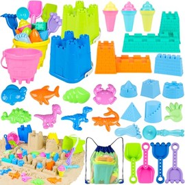 REZUCREY Juguetes de Playa para Niños Pequeños, Juguetes de Castillo de Arena con 4 Cubos de Arena y Palas, Bolsa de Malla y Moldes, Caja de Arena de Viaje de Helado para Playa para Niños Pequeños