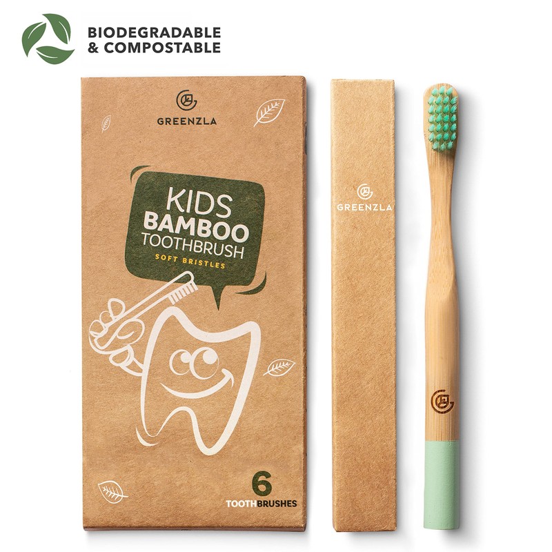 GREENZLA Kids Bamboo Toothbrushes (6 Pack) BPA Free Soft Bristles