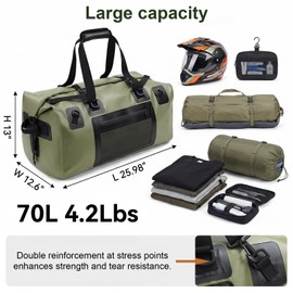Waterproof Duffel Bag, 70L Large Motorcycle Dry Backpack, Heavy-Duty Roll Top Waterproof Luggage Duffle Bags with Straps & Handles, Waterproof Gear Bag for Kayaking, Rafting, Camping, Motorcycle