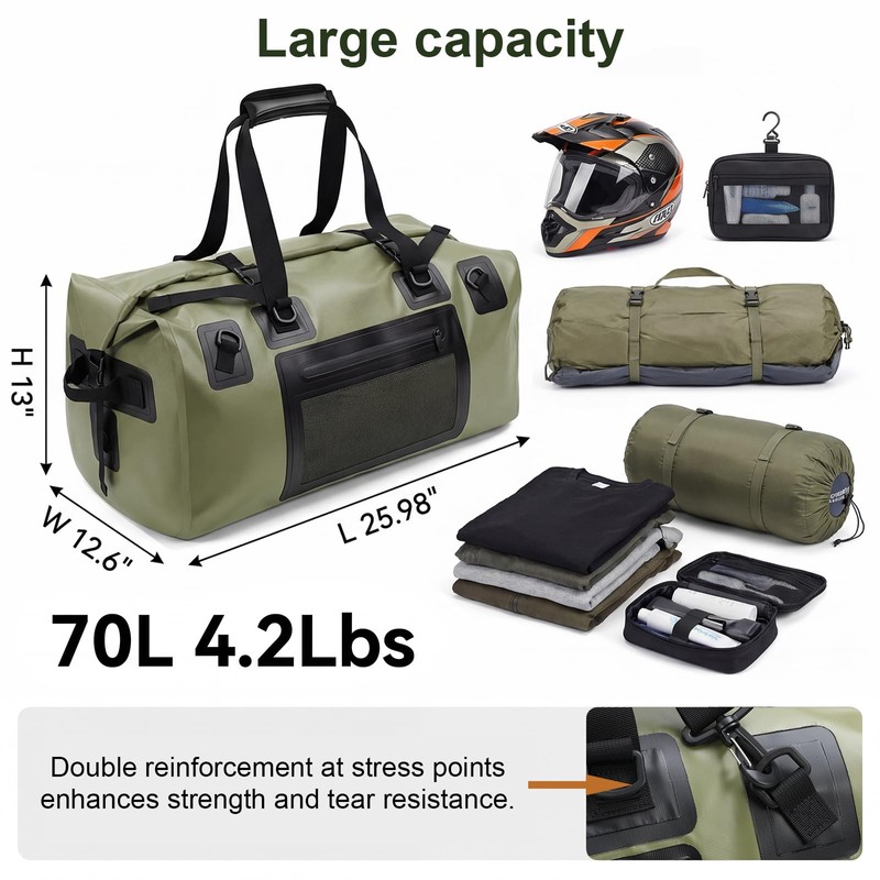Waterproof Duffel Bag, 70L Large Motorcycle Dry Backpack, Heavy-Duty Roll