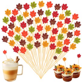 Whaline 120Pcs Fall Cocktail Picks Colorful Maple Leaf Handmade Bamboo Toothpicks Garnish Sticks for Autumn Themed Decoration Party Supplies, 5 Styles
