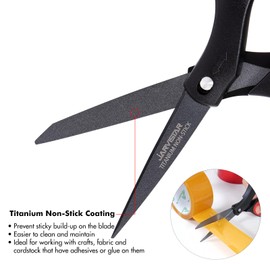 JARVISTAR Titanium Non-Stick Scissors, Paper Scissors High Quality with Soft Handle, Ultra Sharp Stainless Steel Blade, Unpacking Craft Scissors for School, Office, Home (20.3 cm, Red/Black)