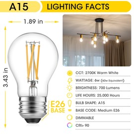 Gozelux A15 LED Bulbs - Vintage Edison Bulbs, Dimmable, Clear Glass, E26 Medium Base, 6W (60W Equivalent), 2700K Warm White, 700LM, for Ceiling Fans, Appliances, Refrigerator Lights - 6 Pack