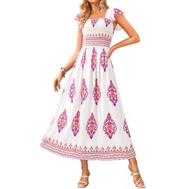 BTFBM Summer Dresses for Women 2025 Floral Smocked Boho Sleeveless Square Neck A Line Casual Beach Maxi Dress Pockets(Floral White Rose Red, XX-Large)