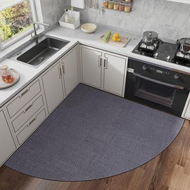 BANEBOR Non-Slip Corner Kitchen Rug - Super Absorbent Braided Floor Mat for Sink Areas, Washable Circular Sector Mat with Rubber Backing, Imitation Linen Kitchen Carpet (Grey, Radius 39'')