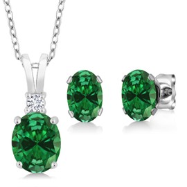 Gem Stone King 925 Sterling Silver Oval Green Simulated Emerald Pendant and Earrings Jewelry Set For Women (4.65 Cttw, with 18 Inch Silver Chain)