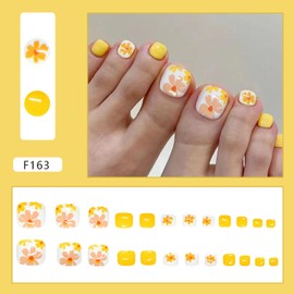 Daisy Flower False Toenails Glossy Yellow Press on Toenails Short Square Toe Nails Reusable Full Cover Toe Nails for Women