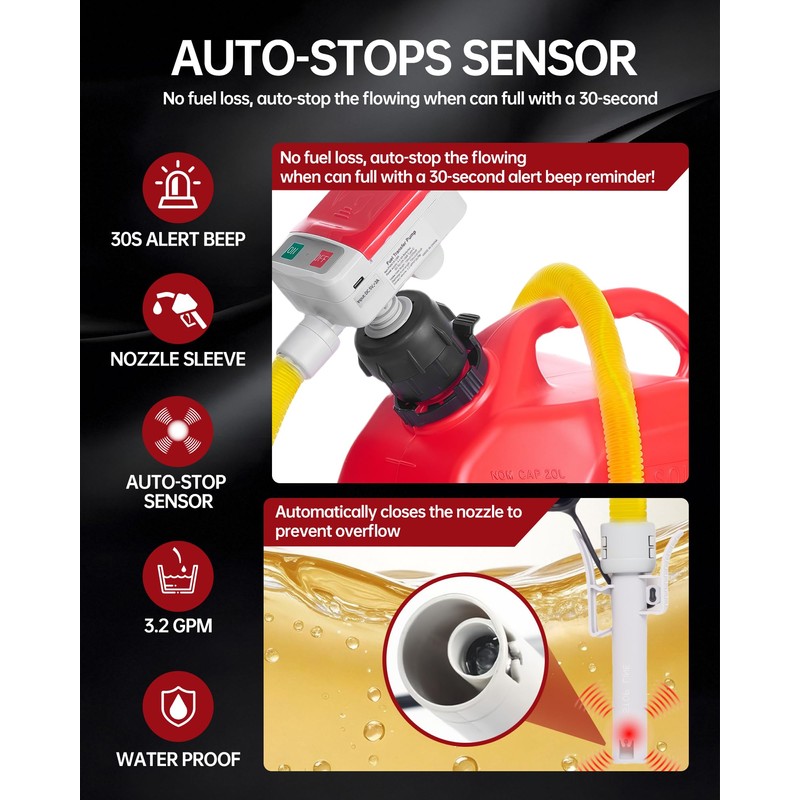 Portable Fuel Transfer Pump with Auto-Stop Sensor-3.2GPM, Battery or USB