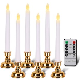 FREEPOWER Flameless Window Candles with Gold Candle Base, Battery Operated Taper Candle with 4H/6H Daily Timer,Remote Window Candle with Unique Flame for Christmas Home Party Wedding Decor,Pack of 6