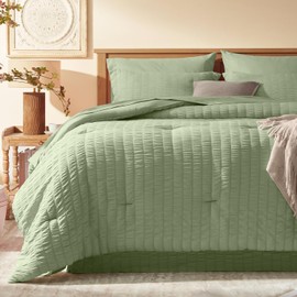 Laojin Balhen King Comforter Set 8 Pieces, Seersucker Bed in a Bag King, Sage Green Comforter with Sheets, Comforters King Size Bedding Sets with Comforter, Sheets, Pillowcase & Sham and Bed Skirt