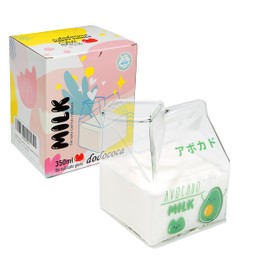 Kawaii Glass Milk Carton Cup Clear Cute Milk Cup Mini Creamer Pitcher Container Microwavable 12 Oz, 1Pcs(Avocado)