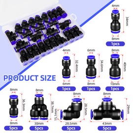 AOOWU 24-Piece 8 mm Pneumatic Quick Push-in Connection Kit for Air Hoses, Hose OD Push to Connect Air Control Ball Valve Pneumatic Valve Union Fittings (9Straight/5Angle/5T/5Splitter)