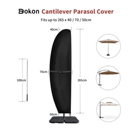 Dokon Parasol Cover with Rod, Waterproof, Windproof, Heavy Duty Rip Proof 420D Oxford Fabric Extra Large Cantilever Umbrella Cover with Zip, 265x40/70/50cm (Black)
