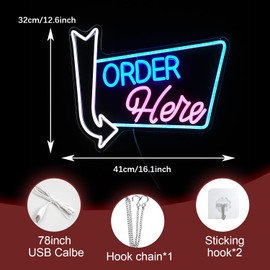 LIUOZHTEA Order Here Neon Sign Led letters Sign Dimmable Order Neon Light for Wall Decor Larger Order Here Light Up Sign for Restaurant Shop Bar Business Neon Decor(16.1 * 12.6 In)