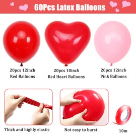 60Pcs Pink and Red Heart Shaped Balloons, Red Valentine's Day Balloons Set with Ribbon, for Wedding, valentines decorations, Marriage Proposal Props