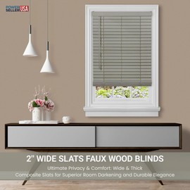 PowerSellerUSA Cordless Window Blinds, Privacy & Room Darkening 2" Slats Vinyl Mini Blind, Anti-UV Window Treatment, Gray Plantation Blind, 34" Width x 64" Length, (Fits Windows 23" - 74")