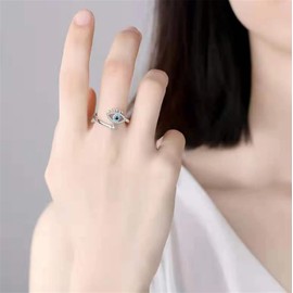 Yifnny Evil Eye Ring, Lucky Blue Evil Eye Ring Cubic Zirconia Adjustable Wrap Open Ring Eye Rings for Women (Silver)