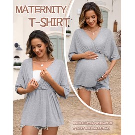 Ficerd 3 Pack Womens Maternity Shirts, V Neck Nursing Pajamas Pregnancy Nightgown Tops 3/4 Sleeve Sleepwear for Breastfeeding(Dark Green, Light Gray, Black,XX-Large)