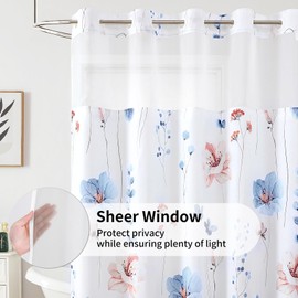 QiyI Flower Shower Curtain with Snap in Fabric Liner, Blue Watercolor Floral Cloth Bath Curtain, No Hook Shower Curtains with Mesh Top Window, Fabric Waterproof Bathroom Curtain Set, 72 x 87 Inch