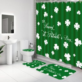 Tieshankao 4PCS St. Patrick's Day Shamrock Shower Curtain Rug Toilet Lid Cover Bathroom Set Clover Holiday Decor with 12 Hooks