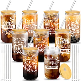 FoldTier 9 Sets Teacher Appreciation Christmas Gifts Bulk 16 oz Thank You Teacher Glass Cups with Lids Straws Brushes Teacher Gifts Teacher Cups(Vintage Style)