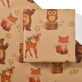 Titiweet Baby Shower Wrapping Paper – 17" x 16.4 ft – Woodland Animals Bear Owl Fox Deer Gift Wrap Roll Rustic Kraft Paper for Baby Shower Party Supplies(Woodland)