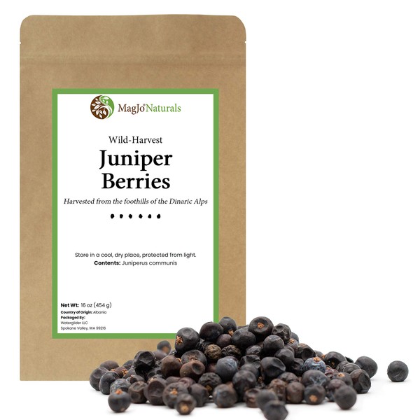 MagJo Naturals, Whole Dried Juniper Berries, Wild-Crafted, Bulk Whole Juniper Berry 1 lb Packaged in the USA, great for gin, herbal infusion, cooking meat, seasoning beef, pork, turkey brine, soups, syrups and tea, wildcrafted (1 POUND package)