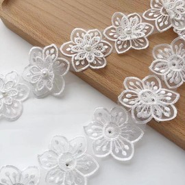 3yards Flower Pearl Lace Trim Ribbon,Embroidered Wedding Applique DIY Sewing Craft Supplies (White StyleA)