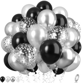 Black and Silver Balloons, Metallic Silver and Black Balloons Pearl Silver Confetti Balloons Party Balloons Chrome Latex Balloons for Kids Adults Birthday Wedding Baby Shower Graduation