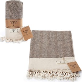 Smyrna Turkish 100% Cotton Herringbone Cuddly Blanket | Best Quality | Large 127 x 152 cm Cuddly Blanket | Made in Turkey | Machine Washable | Premium Luxury Bath Towel & Picnic Blanket - Latte