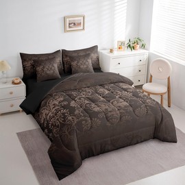 Erosebridal Gothic Damask 7 Piece Comforter Set Full Bed in a Bag,Sun Moon Tree of Life Bedding Sets Black Brown Victorian Floral Goth Sheet Set with Comforter