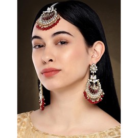 Aheli Indian Ethnic Faux Kundan Beaded Red Enamel Maang Tikka Earrings Set Wedding Fashion Jewelry Gift for Women Maroon