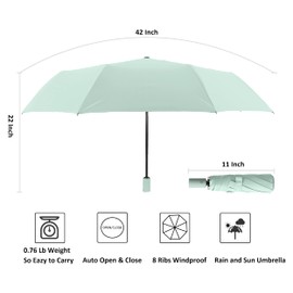BAODINI Small Travel Umbrella for Rain and Sun Protection, 42 Inch Arc Canopy, Windproof and Compact