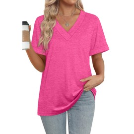 WIHOLL Womens Summer Tops Short Sleeve Casual V Neck T Shirts Loose Fit Trendy Fashion Travel Outfits Solid Color Hot Pink XXL