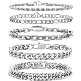 Tomovely 5 Pcs Chain Bracelet for Men Women - Sturdy Stainless Steel Curb Width Cuban Link Chain Bracelet Set for Men Women,7.4/8.2/9 Inches (7.4 Inches, silver)