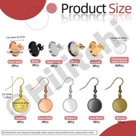 Hilitchi 80PCS 12MM Earring Wire Hooks with Glass Cover Cabochon Flat Round Earring Bezel Trays Wire Hooks Alloy Earrings Bezel Trays for Jewelry Making