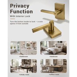 Champagne Bronze Door Knobs, Satin Brass Golden Interior Door Handles with Privacy Locking Function, Bathroom Bedroom Door Knob Lock Keyless, 4 Pack, Long Plate Design
