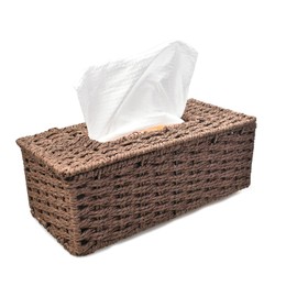 Tissue Box Cover Rectangle Tissue Box with Flip-Open Top ，Decorative Rattan Woven Tissues Box Holder for Bathroom Home Office Table (Coffce Large)