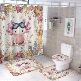 4PCS/Set Cute Axolotl Starfish Coral Seashell Shower Curtain 72W X 72L, Playful Seaweed Goggles Printed Bathroom Decor, Shaped Mat Toilet Lid Cover and Non-Slip Rugs with 12 Hooks