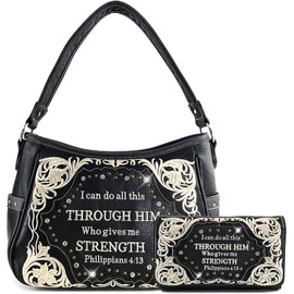 Zelris Bible Verse Philippians 4:13 Women Conceal Carry Hobo Purse Wallet Set (Black)