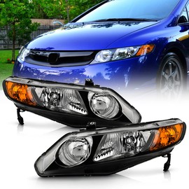 KEEKPO - For 2006 2007 2008 2009 2010 2011 Honda Civic 4-Door Sedan Black Factory Style Headlights Headlamps Left+Right