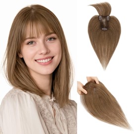 Hairro 100% Human Hair Toppers with Bangs, 360° Cover 3D Clips on Thin Hairpieces for Women, 3.15"x4.33" Silk Base Lightweight for Covering Greyish Hair on Top, 11 Inch Medium Brown