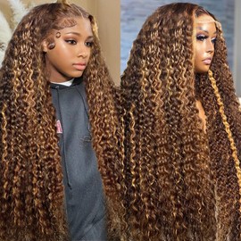 360 Deep Wave Lace Front Wigs Human Hair 220% Density Honey Blonde Deep Curly Human Hair wig Ombre Deep Wave 4/27 Highlight Lace Front Wigs Pre Plucked Wet And Wavy Water Wave Wig for Women 22 Inch