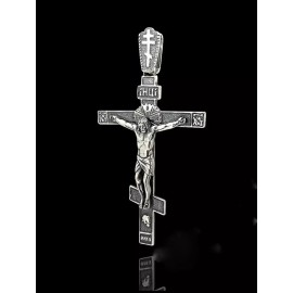 Silver Oxidized Orthodox 3 Bar Cross Pendant with Crucifixion, 2 3/4"